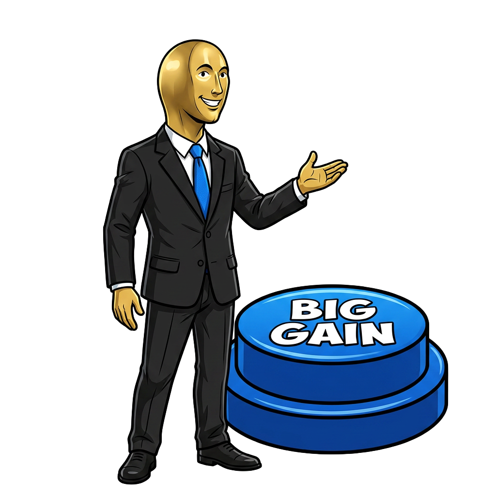 STONK mascot presenting a giant blue BIG GAIN button