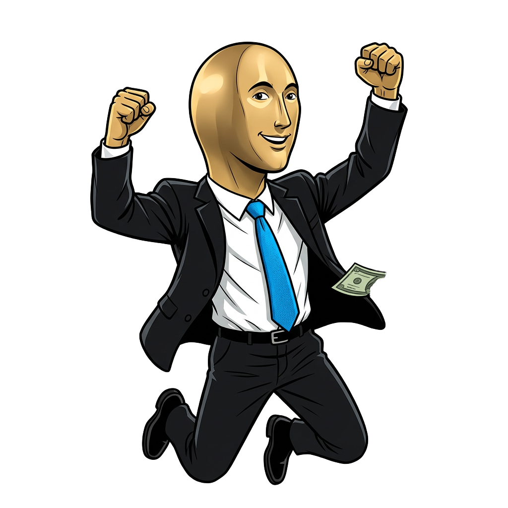 STONK mascot jumping and celebrating with money flying